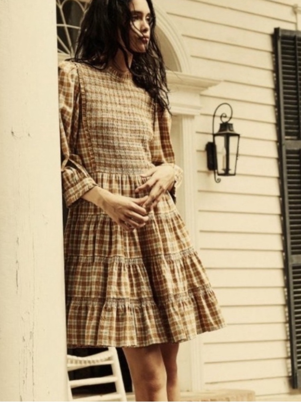 Doen Medina Dress - Gingham tan light blue tiered smocked ruffled size small - Picture 3 of 12